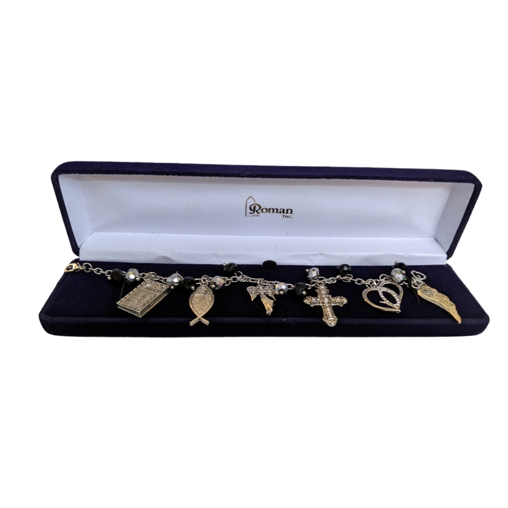 Religious Charm Bracelet  Silver Tone Cross Bible Angel Christian
